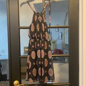 Black halter dress with pink paisley pattern